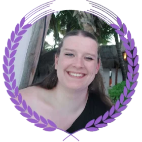 Portrait of Rebecca framed in a purple laurel token