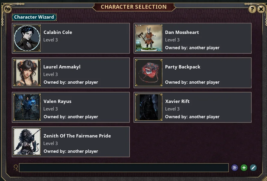 The Character Selection window: a Character Wizard button, a grid of character cards showing portrait, name and level, several marked Owned by another player, and a search box with import, add and edit buttons at the bottom