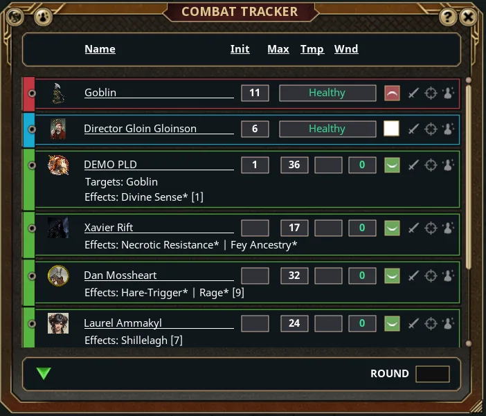The Combat Tracker: a goblin in red and a neutral NPC in blue at the top, then the party in green with initiative, max hit points, temporary hit points and wounds columns; the paladin's row lists Targets: Goblin and an active Divine Sense effect; a green down-arrow and a round counter sit at the bottom
