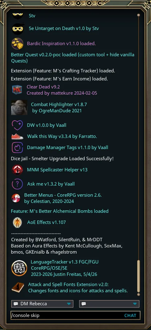 The chat window with /console skip typed into the entry box at the bottom, ready to send