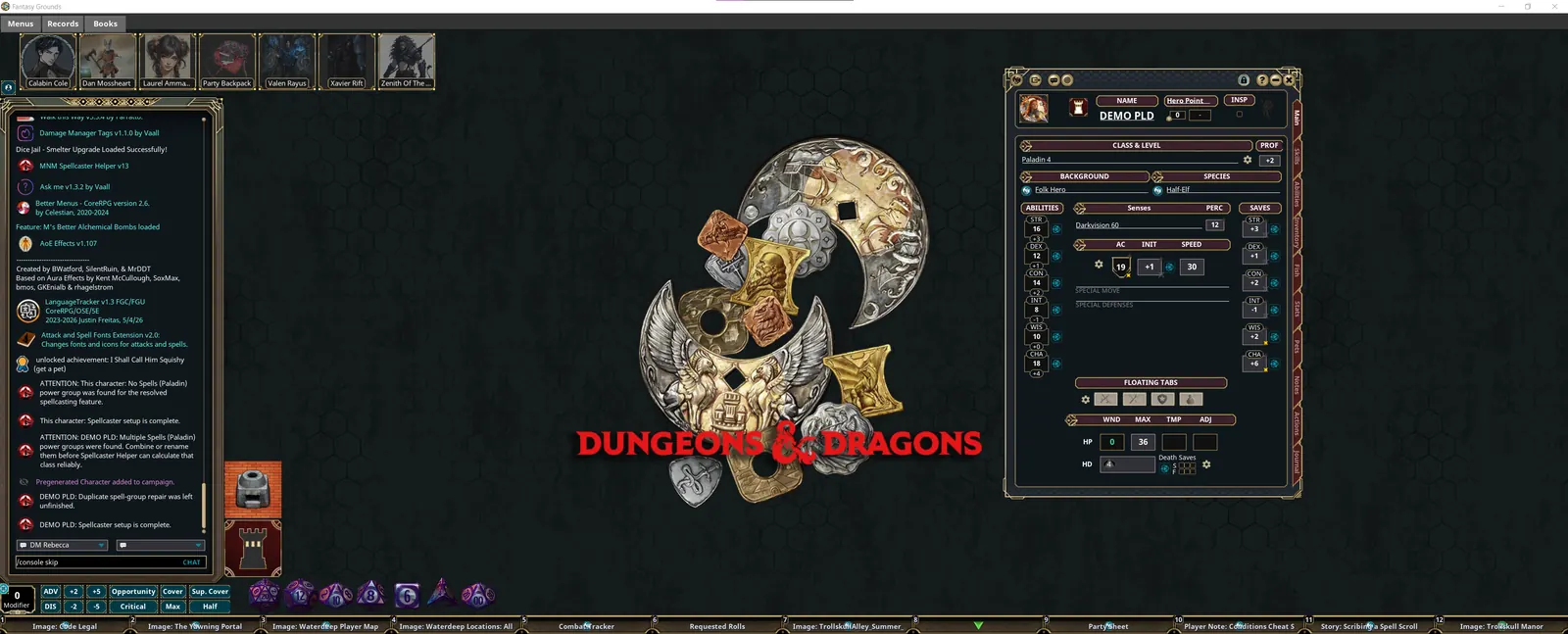 A Fantasy Grounds desktop at DM Rebecca's table: the Menus, Records and Books buttons and the character bar top-left, the chat window and dice tray down the left, the hotbar along the bottom, and a character sheet open on the right