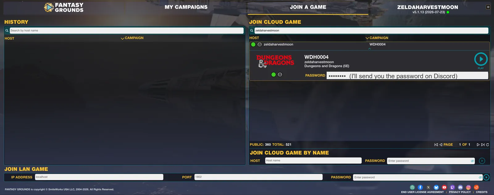The whole Join a Game screen of the Fantasy Grounds launcher: History on the left, Join Cloud Game on the right, Join Cloud Game by Name and Join LAN Game along the bottom