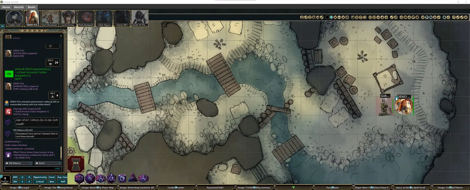 A battle map filling the whole Fantasy Grounds desktop behind the chat window and hotbar, with a goblin token and a player token on the right and the map toolbar along the top-right edge