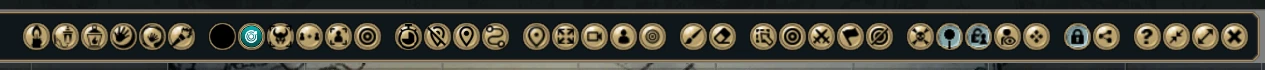 The map toolbar: a long row of round gold buttons for zoom, view modes, ping, drawing, erasing, selection, targeting and the navigation panel