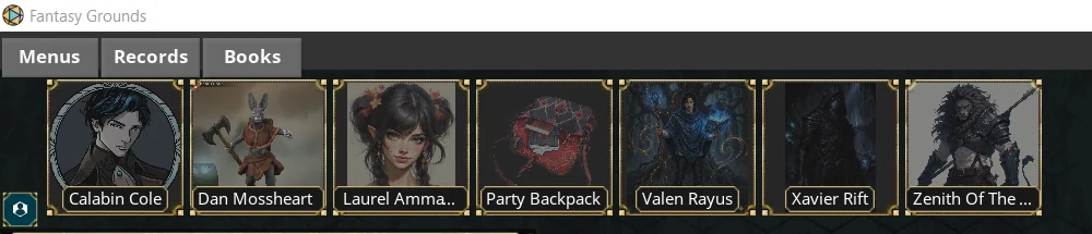 Close-up of the top-left corner: the Menus, Records and Books buttons above a row of character portraits
