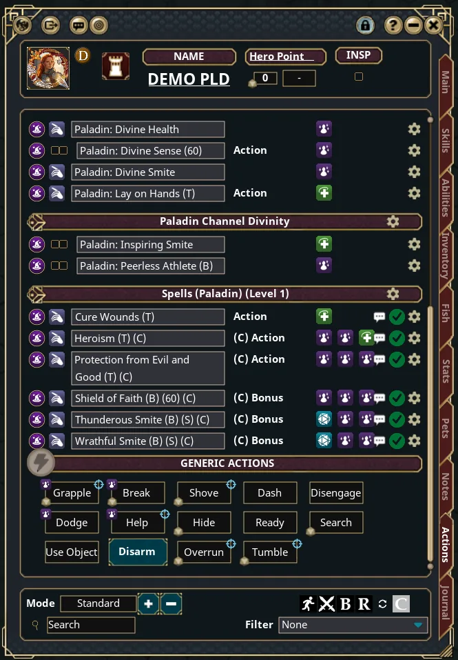 The lower Actions tab: Paladin features and Channel Divinity with use boxes, level 1 spells with effect, save, heal, chat and prepared icons, and the Generic Actions grid of Grapple, Shove, Dash, Disengage, Dodge, Help, Hide, Ready and Search buttons