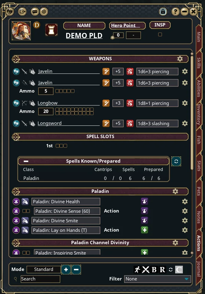 The top of the Actions tab: javelin, longbow and longsword lines with orange Attack and red Damage buttons and ammo boxes, the spell slot pips, a spells known table, then Paladin features with use boxes