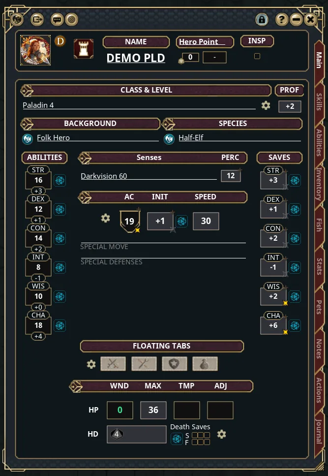 The Main tab of a 5E character sheet: portrait, name and inspiration at the top, class and level with a cog, background and species, ability scores with dice icons down the left, saves down the right, AC, initiative and speed in the middle, and hit points, hit dice and death saves at the bottom