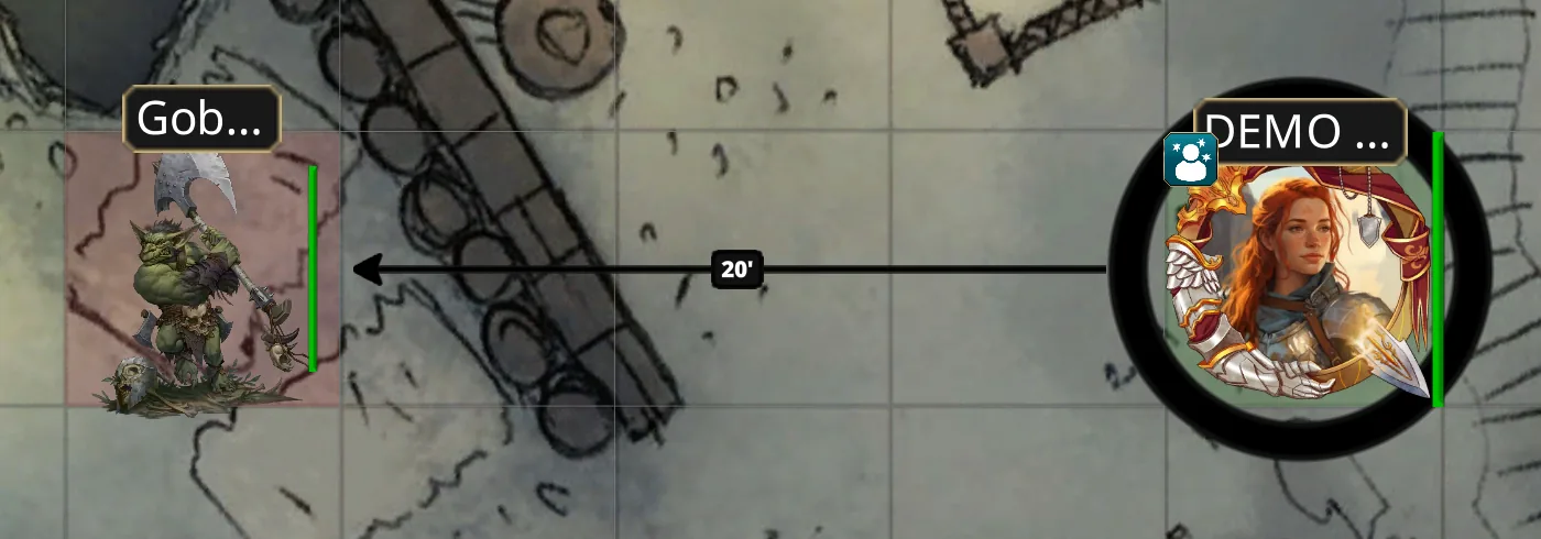 A paladin token on the right targeting a goblin token on the left: a black arrow runs between them with a 20-foot range label